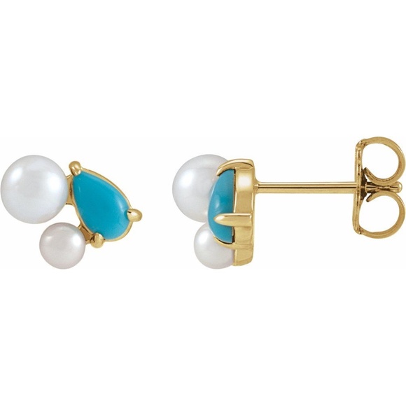 14K Yellow Gold Natural Turquoise & Cultured White Akoya Pearl Earrings - Picture 3 of 3